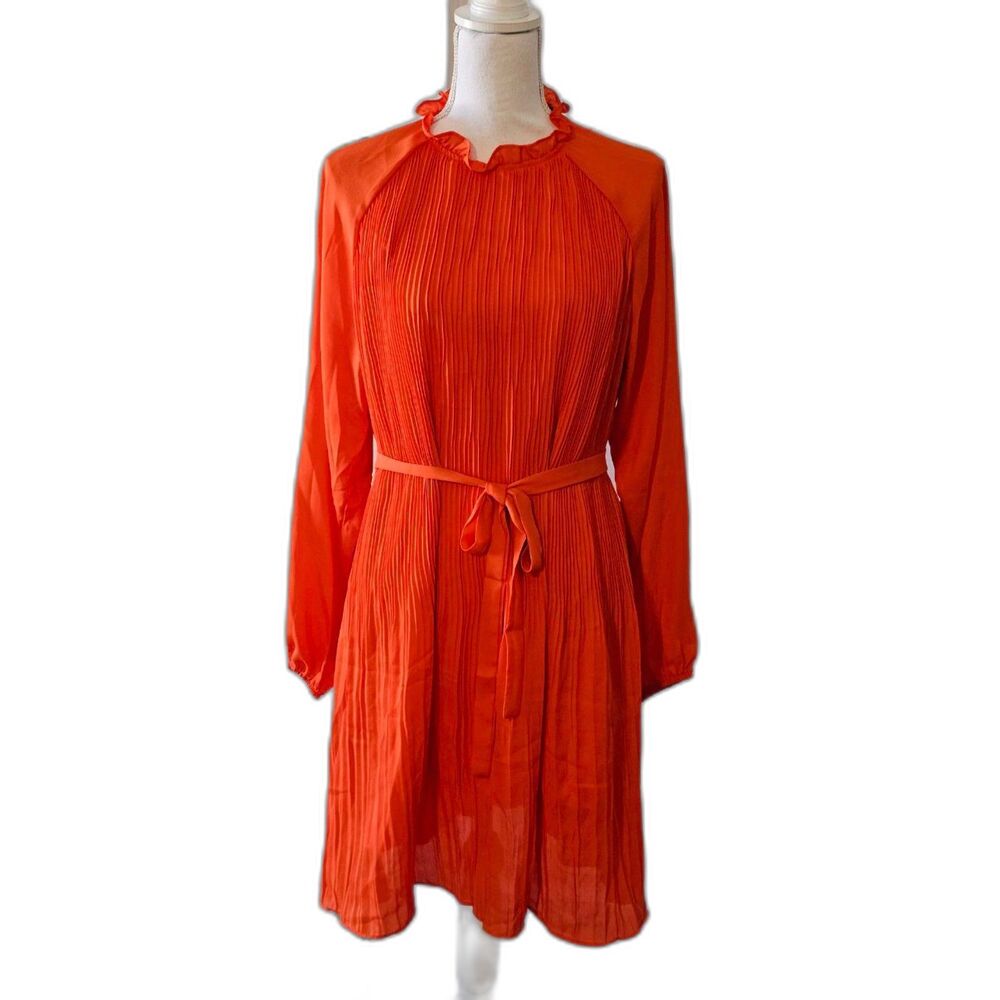 PrettyGarden Round Neck Pleated Long Sleeve Orange Babydoll Dress with Belt Sz L
